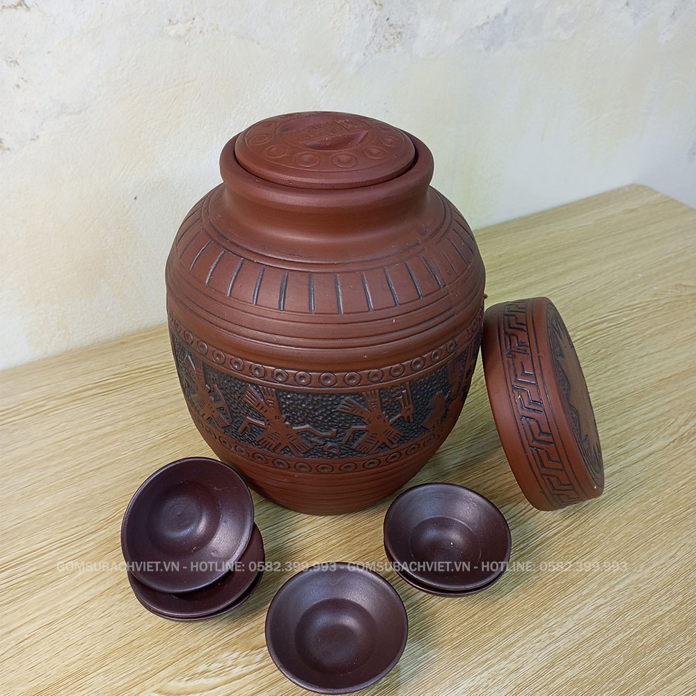 Bộ chum sành ngâm rượu trống đồng 5 lít kèm 6 chén rượu