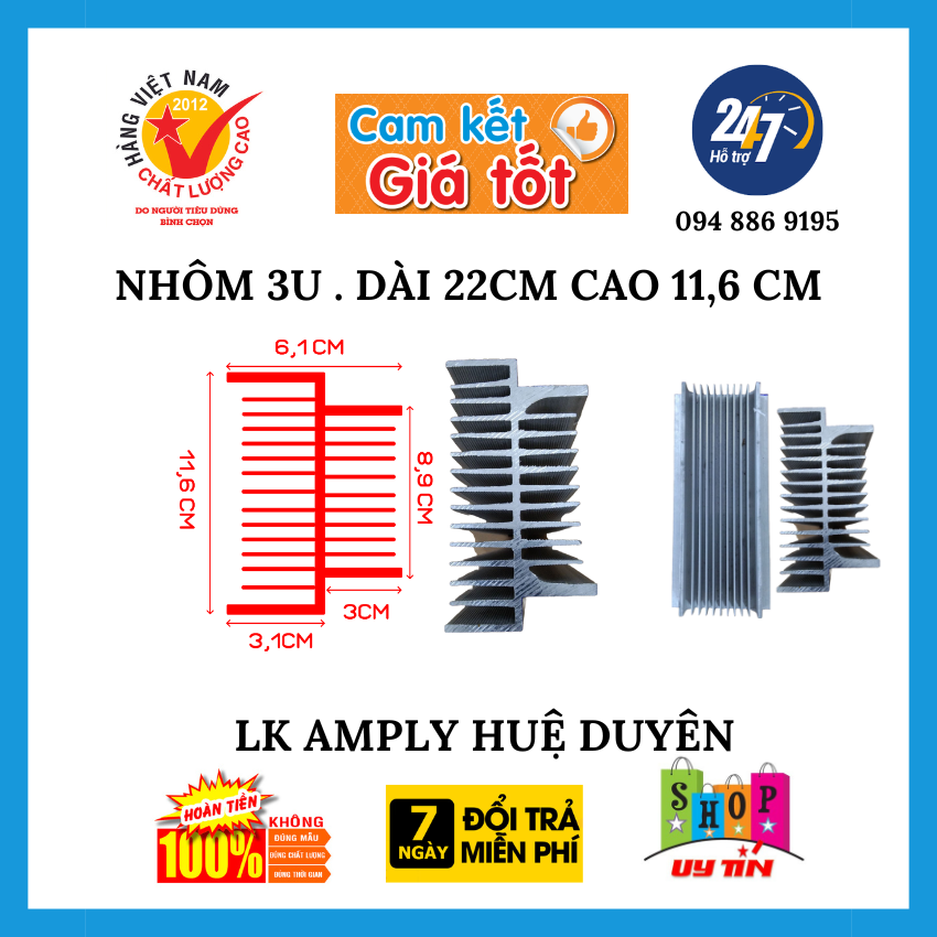 Nhôm tản nhiệt 3u, dài 26 cm, cao 12 cm dùng ráp amply cục đẩy
