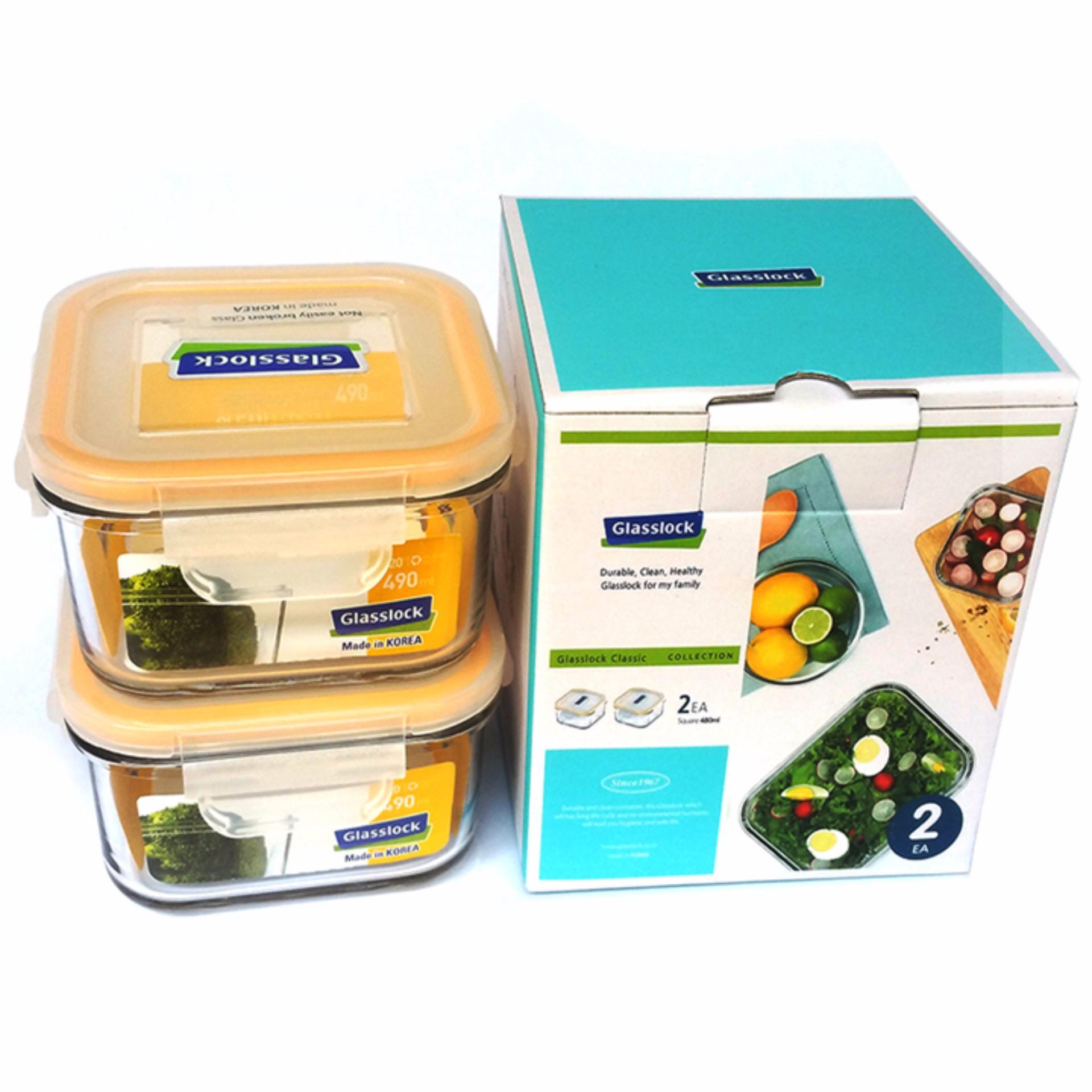Bộ hộp thủy tinh cường lực Glasslock GL1623 hình vuông 480ml * 2, kín hơi, tiện dụng , Made in Korea
