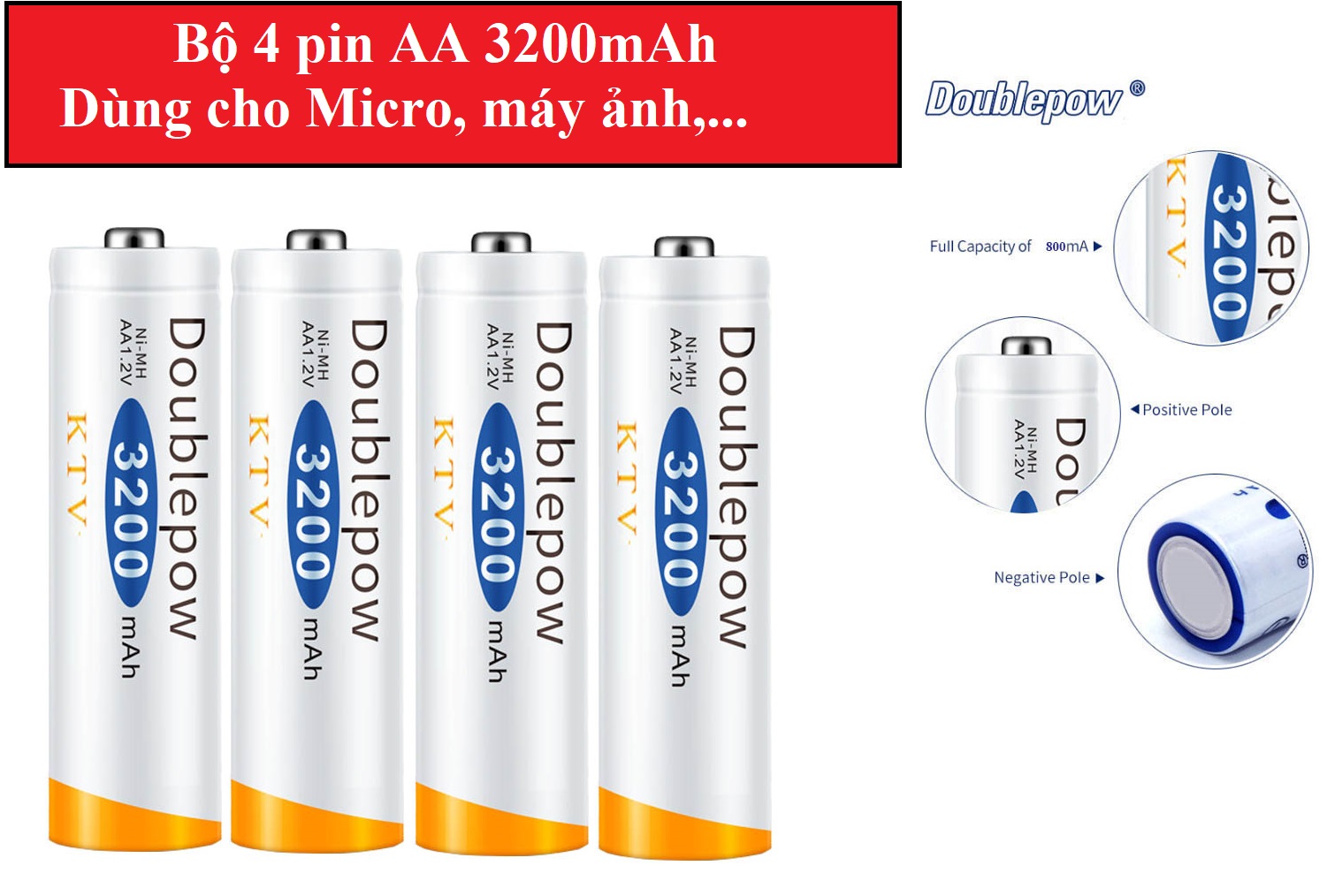 Combo Bộ 4 viên Pin sạc lại Doublepow AA 3200mAh - pin chuyên dụng Micro Karaoke dung lượng thực (màu trắng cam)