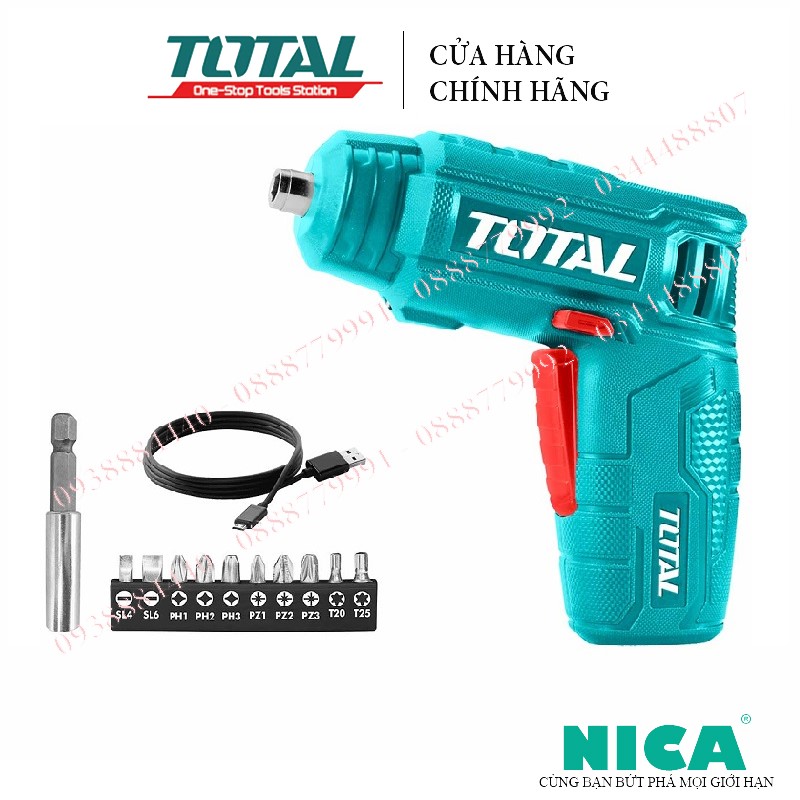 Máy siết vít dùng pin lithium 4v total tsdli0402 - tsdli0402 đầu lục giác: 1/4''. tốc độ không tải: 180 vòng / phút. lực xoắn tối đa: 4 n.m. cài đặt mô men xoắn: 15 + 1.với đèn làm việc led