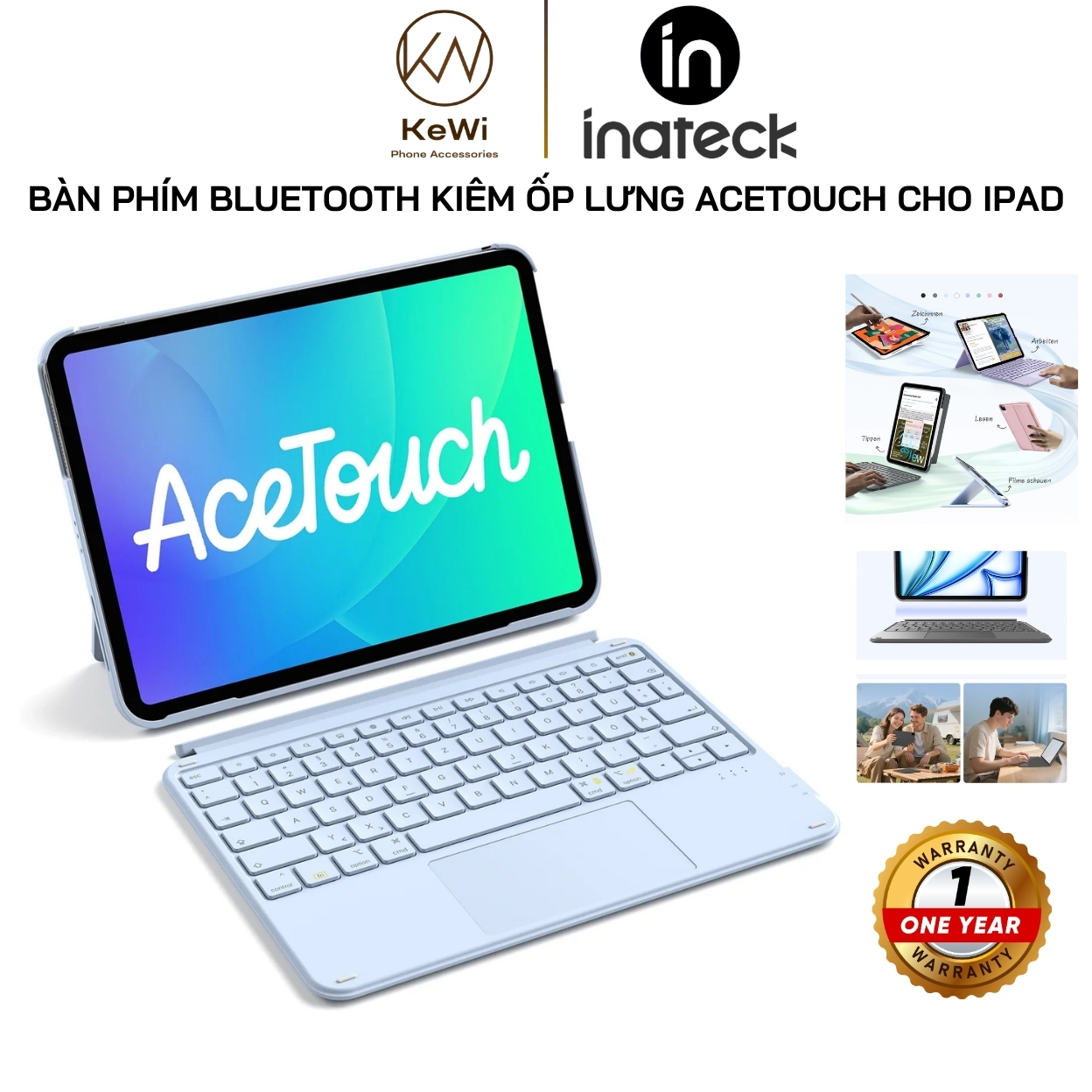 Bàn Phím Bluetooth Kiêm Ốp Lưng inateck Acetouch KB04122 Cho iPad Pro 11 / Air 11 / Gen 10/11, Có Trackpad Đa Điểm