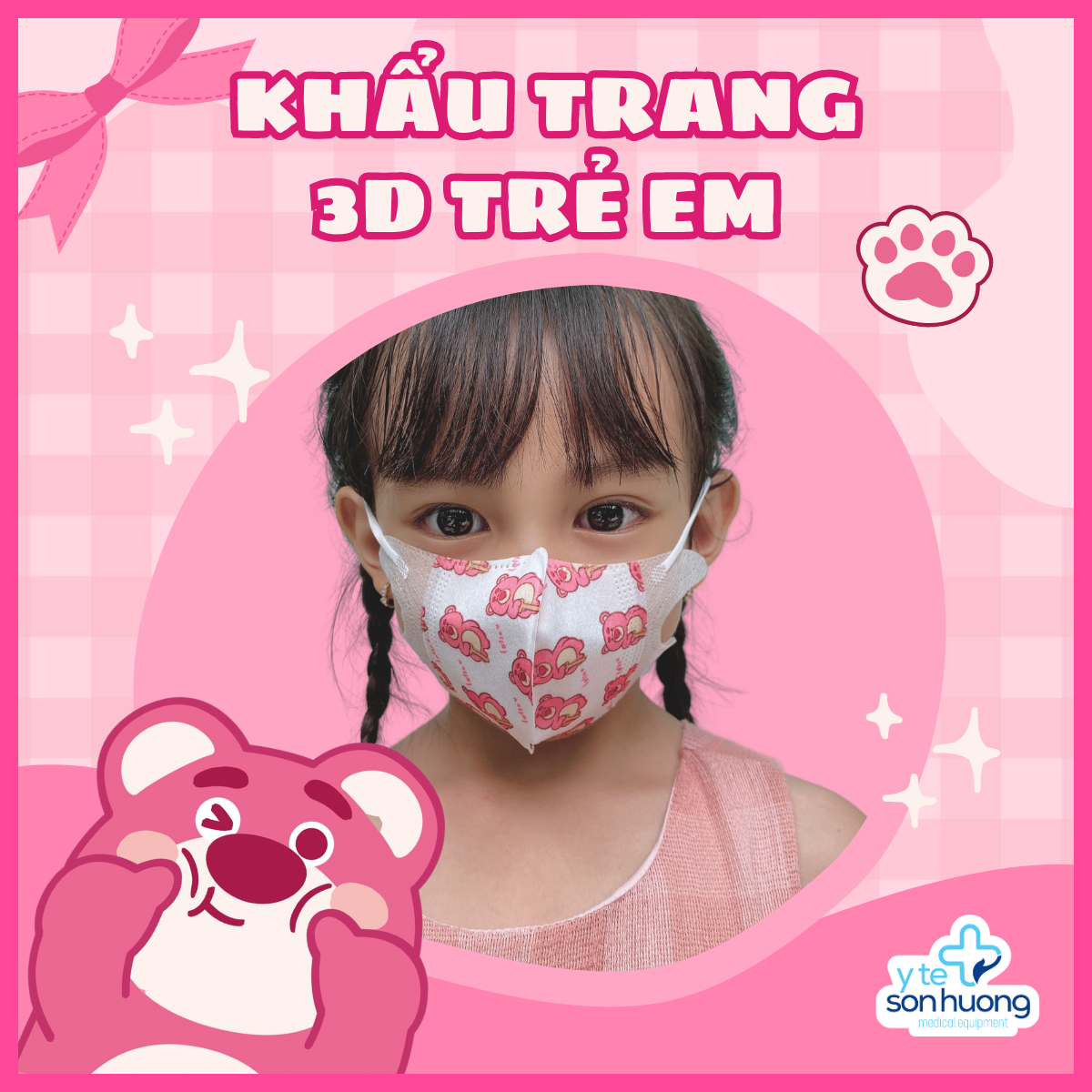 Khẩu Trang Cho Bé Gái 4-8 Tuổi Họa Tiết Gấu Dâu Đáng Yêu Bịch 10 Cái