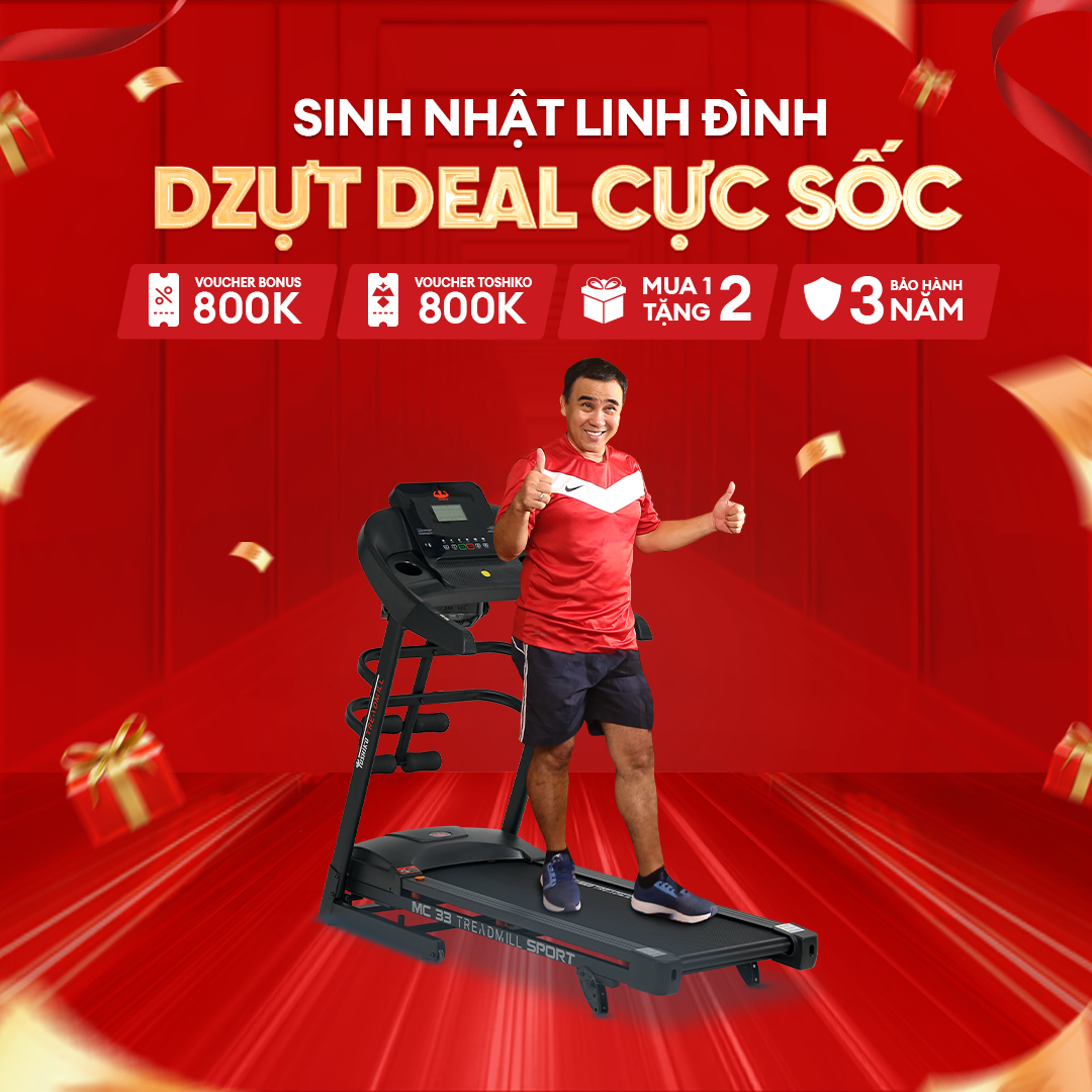 Máy chạy bộ đa năng tại nhà Toshiko MC33 PRO, chức năng nâng dốc tự động theo nhu cầu, kèm theo đai massage và thanh gập bụng, đồng hồ hiển thị thông số nhịp tim, calo tiêu thụ