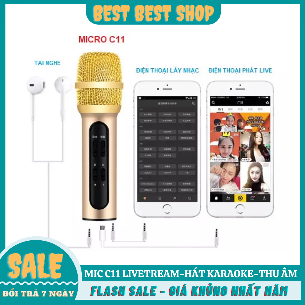 Trọn Bộ Thu Âm, LiveTream Trên Điện Thoại, Mic C11 Cực Hay, Cực Đẹp, Phù Hợp Với Mọi Loại Điện Thoại, Mic Hat Karaoke Kiem Loa,Micro Thu Âm Tại Nhà, Micro Karaoke + Livestream Kiêm Sound Card 3 In 1 Cao Cấp