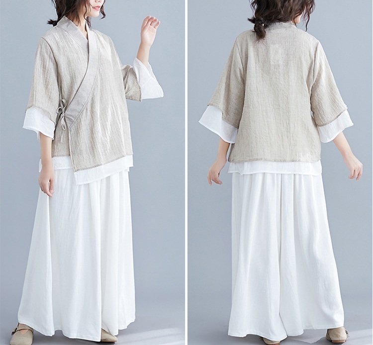 Bộ đồ đi lễ chùa Thiền Chay, trang phục ngồi thiền và tập yoga vải đũi mềm 2 lớp cổ chéo màu be
