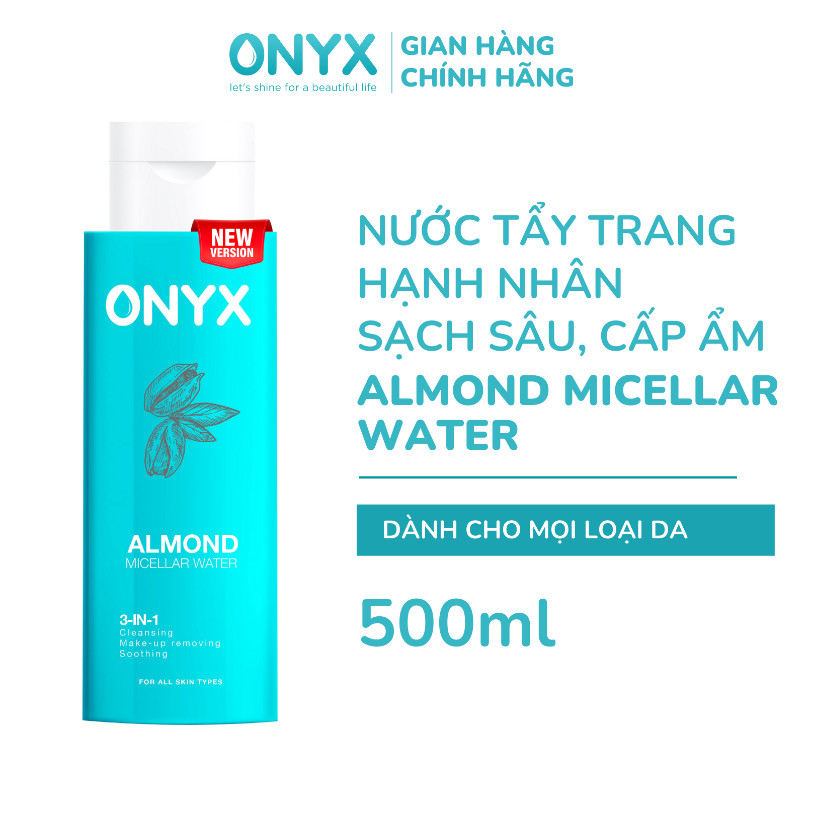 Nước tẩy trang onyx almond micellar water 500ml onyx cosmetics bảo thy