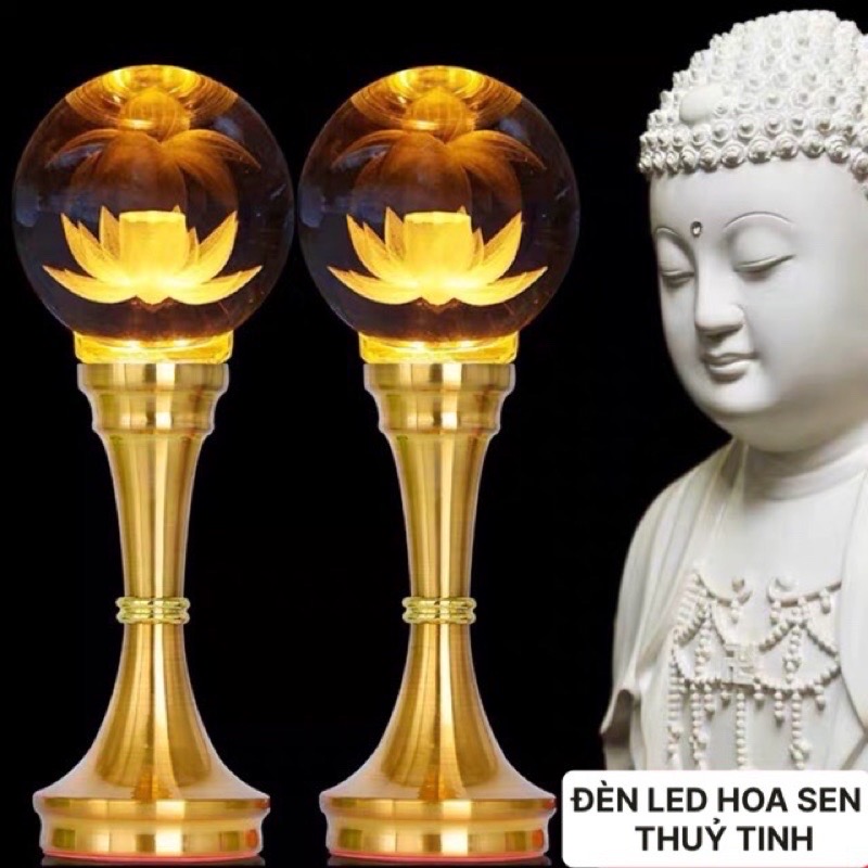 Cặp 2 chiếc đèn led hoa sen pha lê thờ cúng trang trí