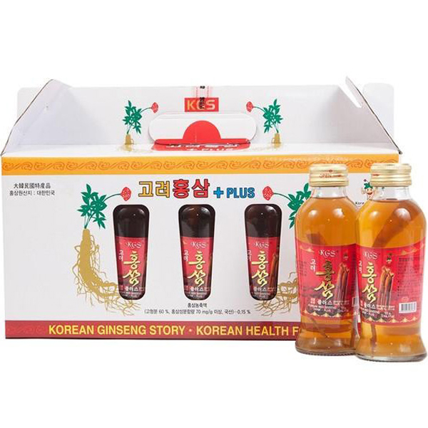Nước hồng sâm có củ KGS 1200ml (120ml x 10chai) (hộp), sản phẩm thuộc thương hiệu KGS, có nguồn gốc xuất xứ từ Hàn Quốc