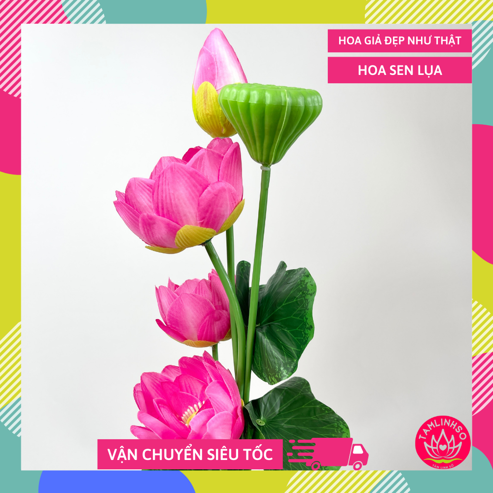 Hoa Sen giả bằng vải đẹp như thật cỡ đại cành 3 bông lớn 1 nụ kèm đài sen to đẹp tự nhiên - Dài 80cm