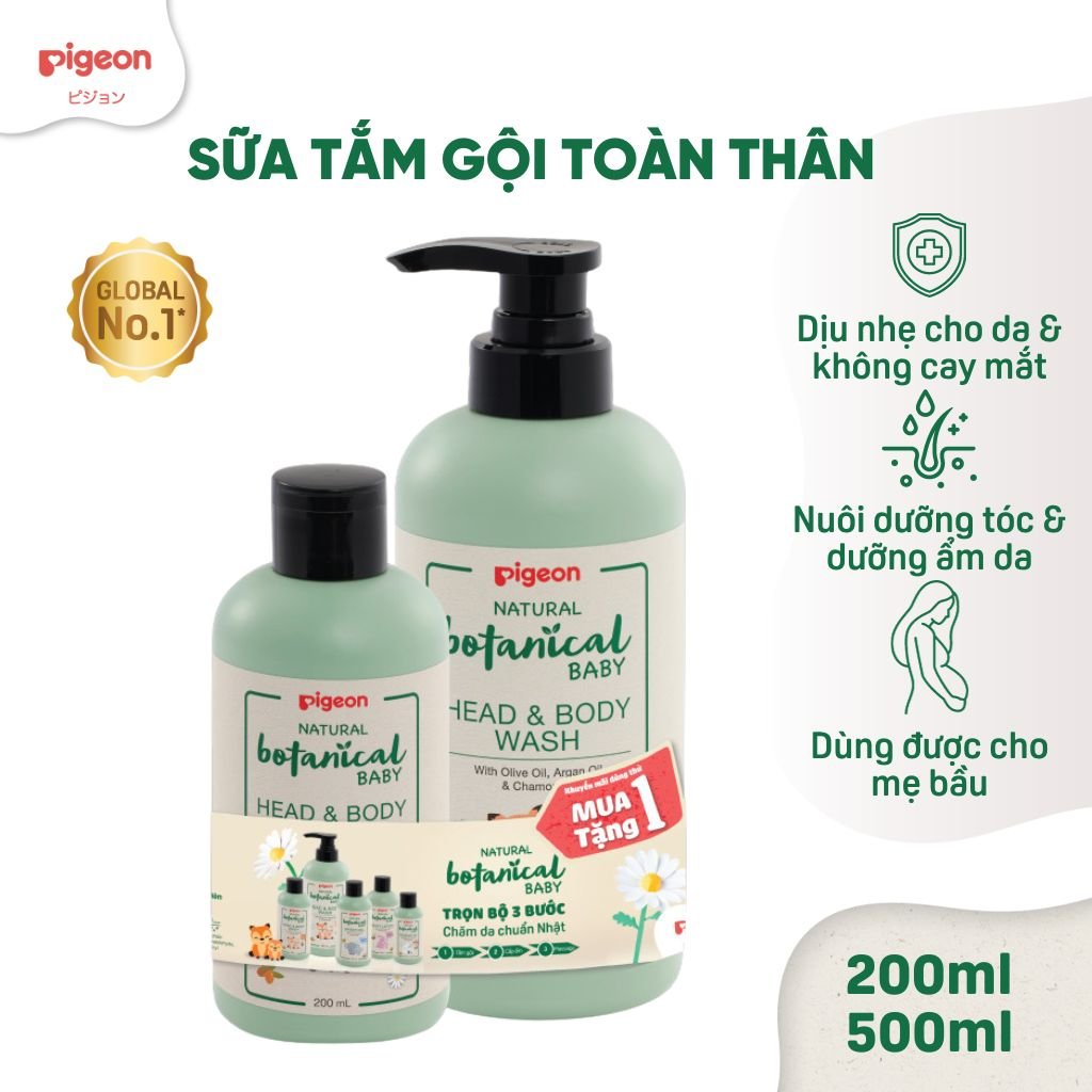 Combo Sữa Tắm Gội Toàn Thân Cho Bé Natural Botanical Pigeon 200ml và 500ml (HSD:09/2026)