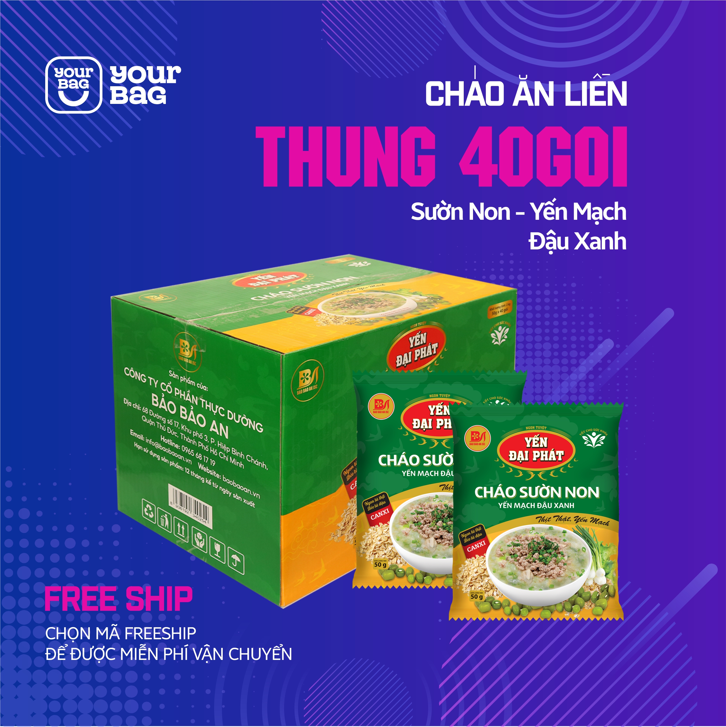 Thùng 40 gói cháo ăn liền sườn non yến mạch đậu xanh - yourbag - cháo ăn liền.