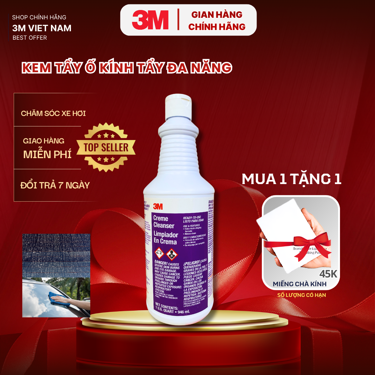 [ Tặng kèm miếng chà chống xước]  Kem Tẩy Ố, cặn Canxi, Mốc Kính Xe Hơi 3M- Tẩy sạch  inox, thép, các vật dụng nhà tắm Creme Cleanser Limpiador EnCrema  946ml