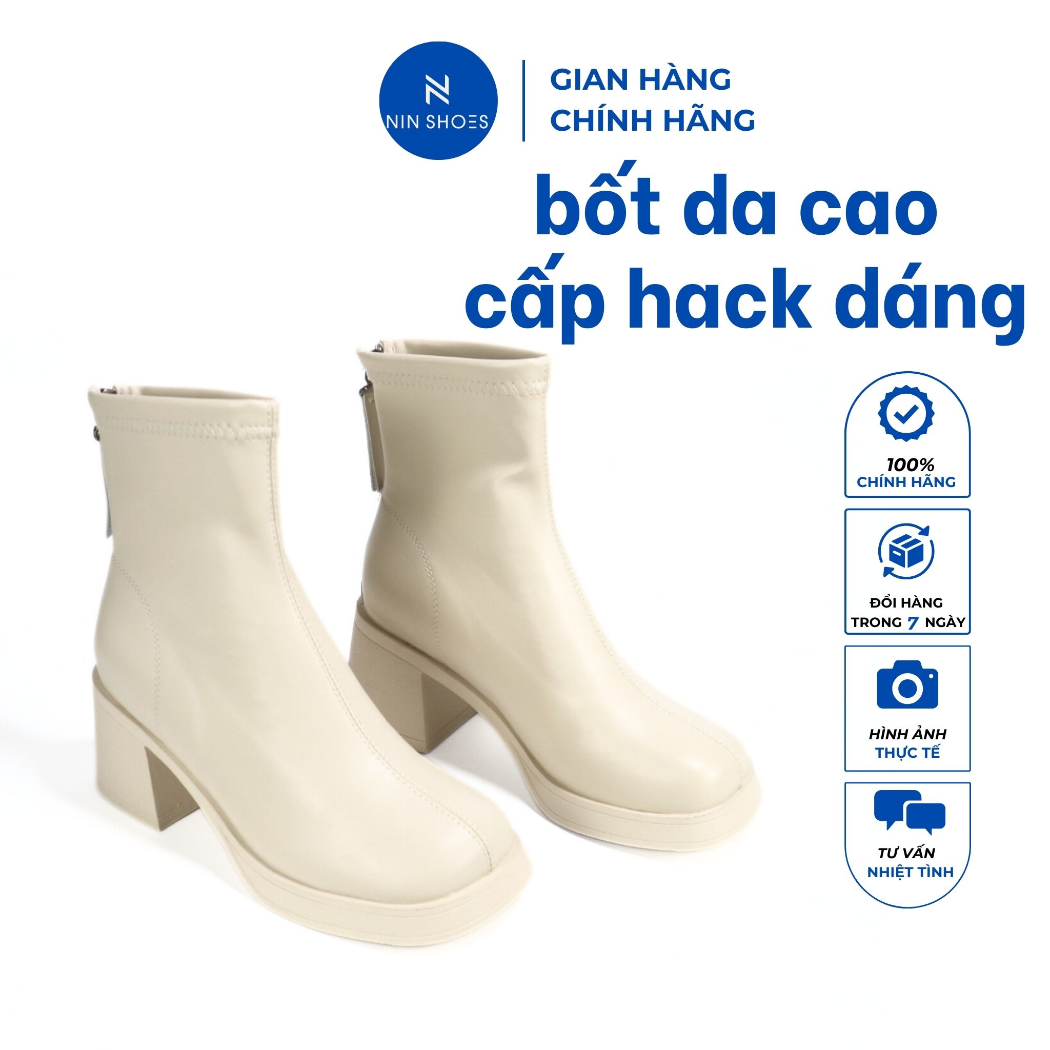 Giày bốt martin cao cổ Ninshoes boot cổ ngắn da trơn mũi vuông đế vuông độ đàn hồi cao chống trơn trượt BOM007