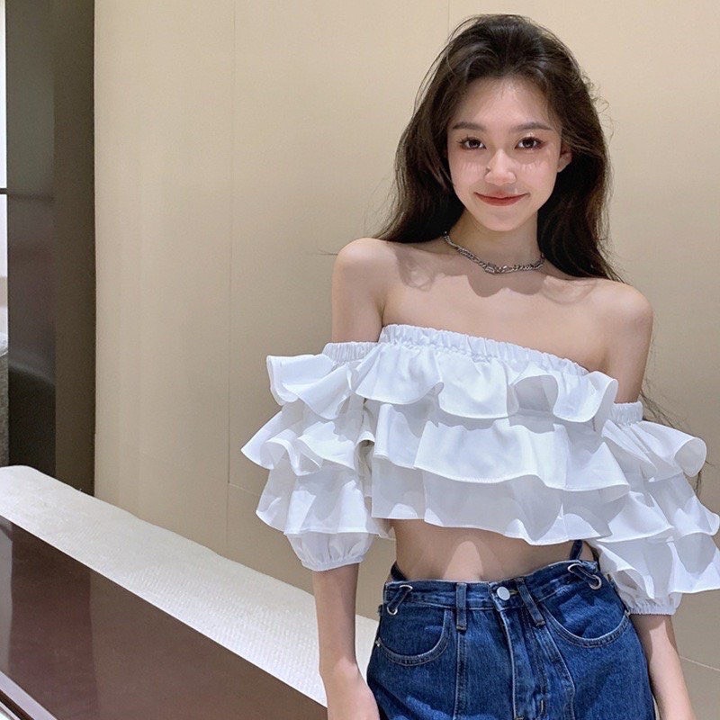 Áo Von Kiểu Mới Xếp Tầng Trễ Vai Ngắn Tay Bồng Bềnh TTSLA1015