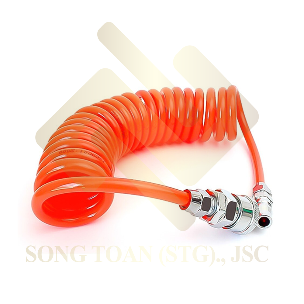 Dây hơi bơm xe, dây hơi khí nén hình dạng xoắn lò xò có gắn đầu ổ bi kết nối - Màu cam