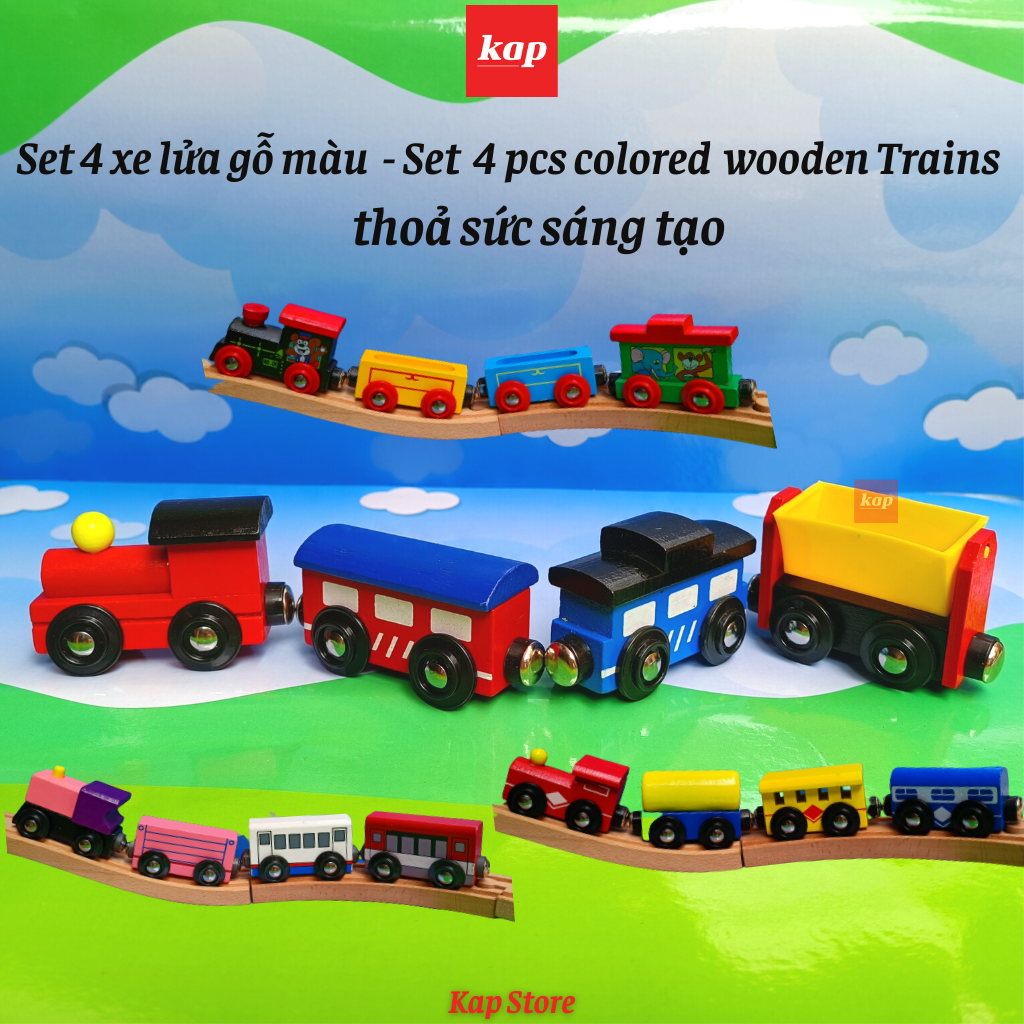 Set 4 xe lửa gỗ, phụ kiện đường ray xe lửa gỗ- Set 4 wooden Train