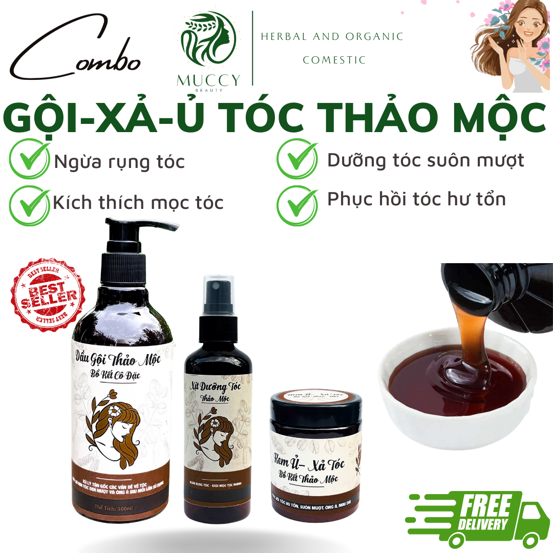 Bộ dầu gội + dầu xả + xịt dưỡng tóc bồ kết thảo mộc ngăn rụng tóc, dưỡng tóc suôn mượt chắc khỏe, kích thích mọc tóc MUCCY