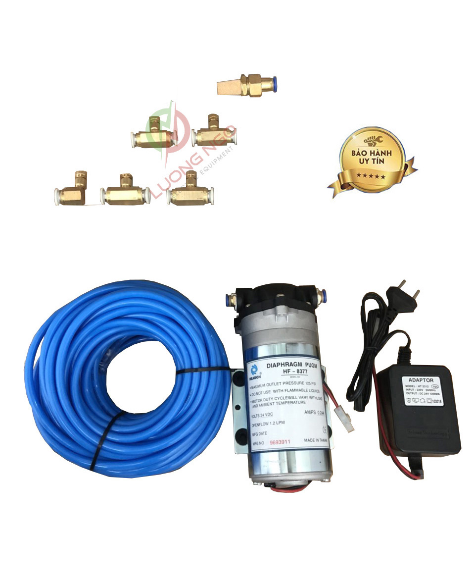 Bộ máy phun sương 24v 8377+nguồn+lọc+5 đầu phun+15 mét dây