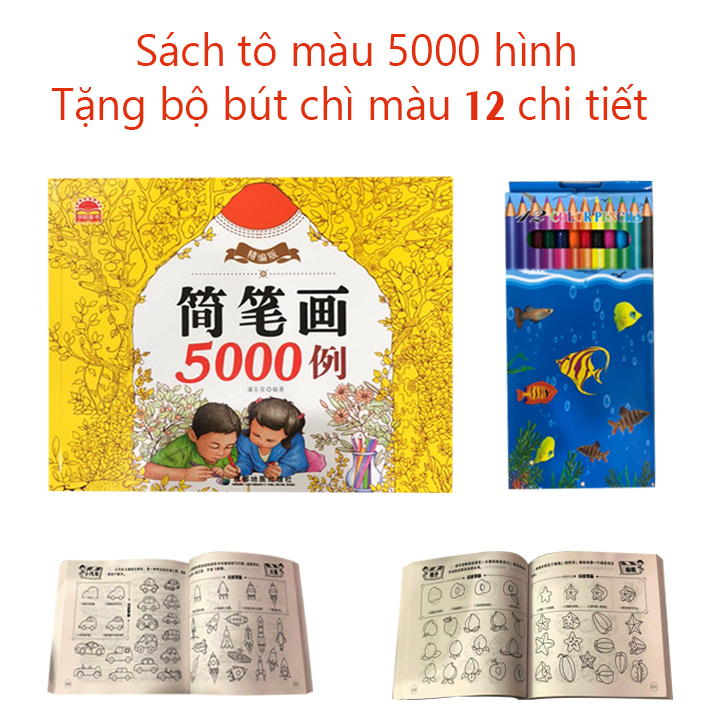 Combo 10 bộ sách tô màu 5000 hình kèm bút chì cho bé yêu