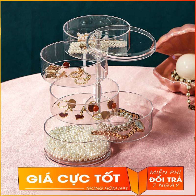 Hộp đựng trang sức 5 tầng xoay tròn, Kệ mỹ phẩm tròn xoay 360 độ siêu hot - Hộp đựng trang sức bằng nhựa trong suốt- Kệ đựng đồ thông minh