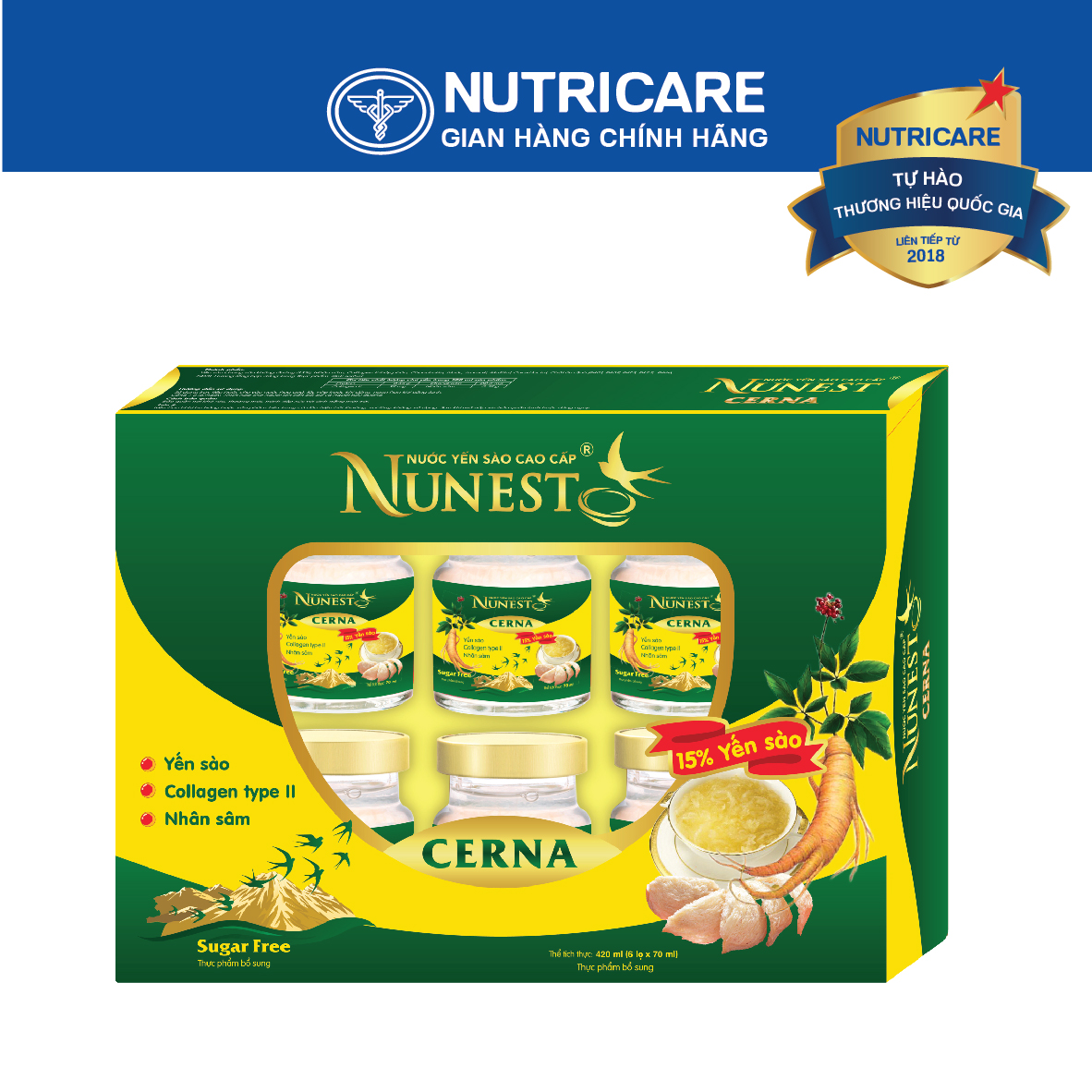 Hộp 6 lọ nước yến sào Nunest CERNA cho người tiểu đường (6Lọ x 70ml)