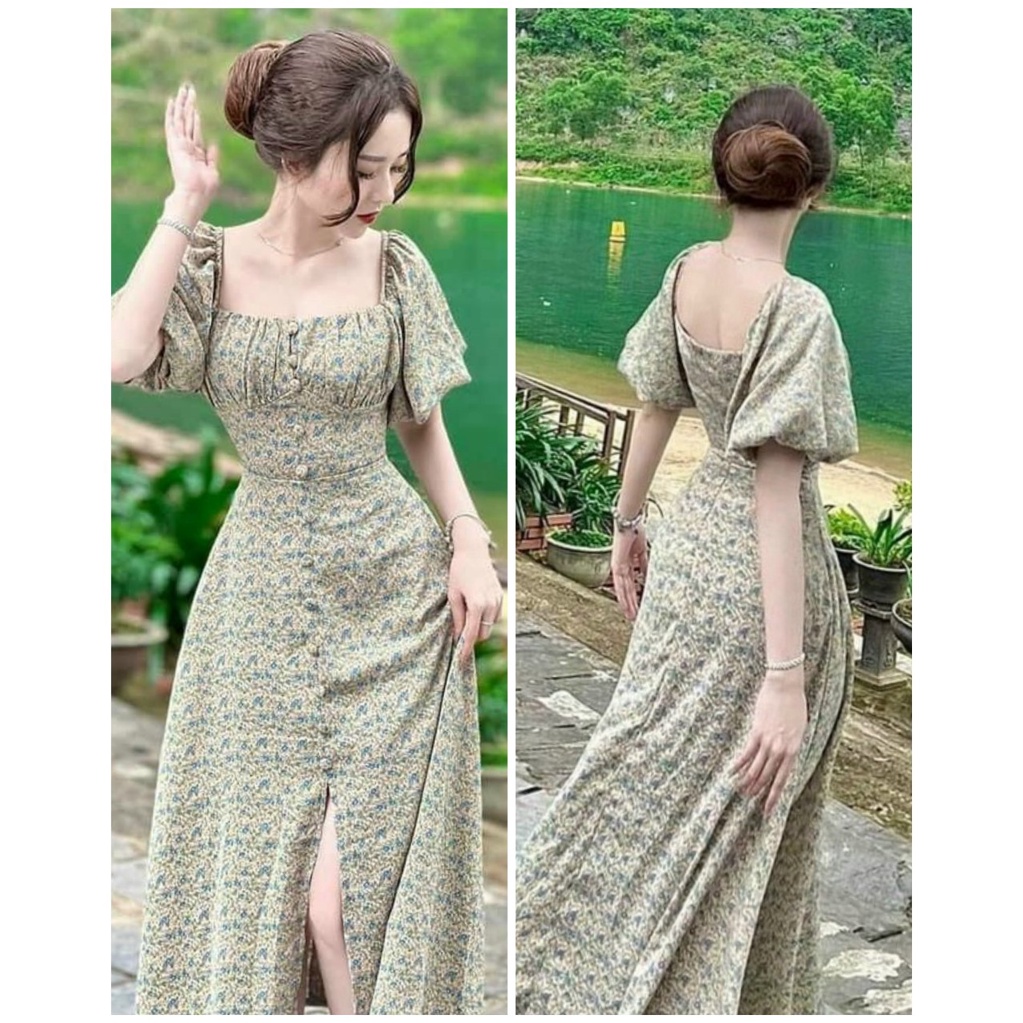 TTL đầm tay phồng nút bọc nhúm ngực cổ vuông xẻ tà dán dài dự tiệc hoa nhí
