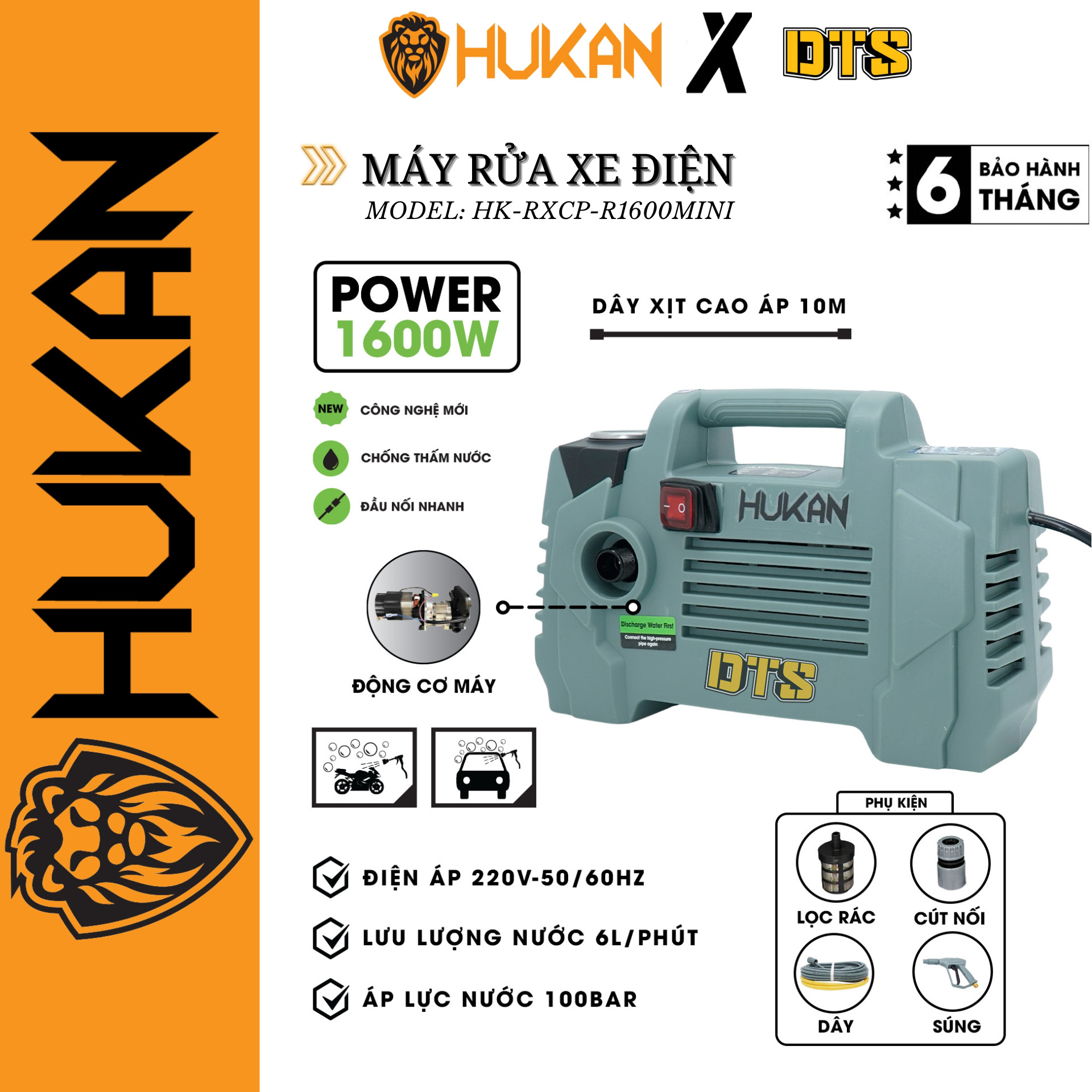 Máy rửa xe điện áp lực cao HUKAN HK-RXCP-R1600MINI | Công suất 1600W lực áp nước 100 bar chuyên xịt rửa ô tô xe máy