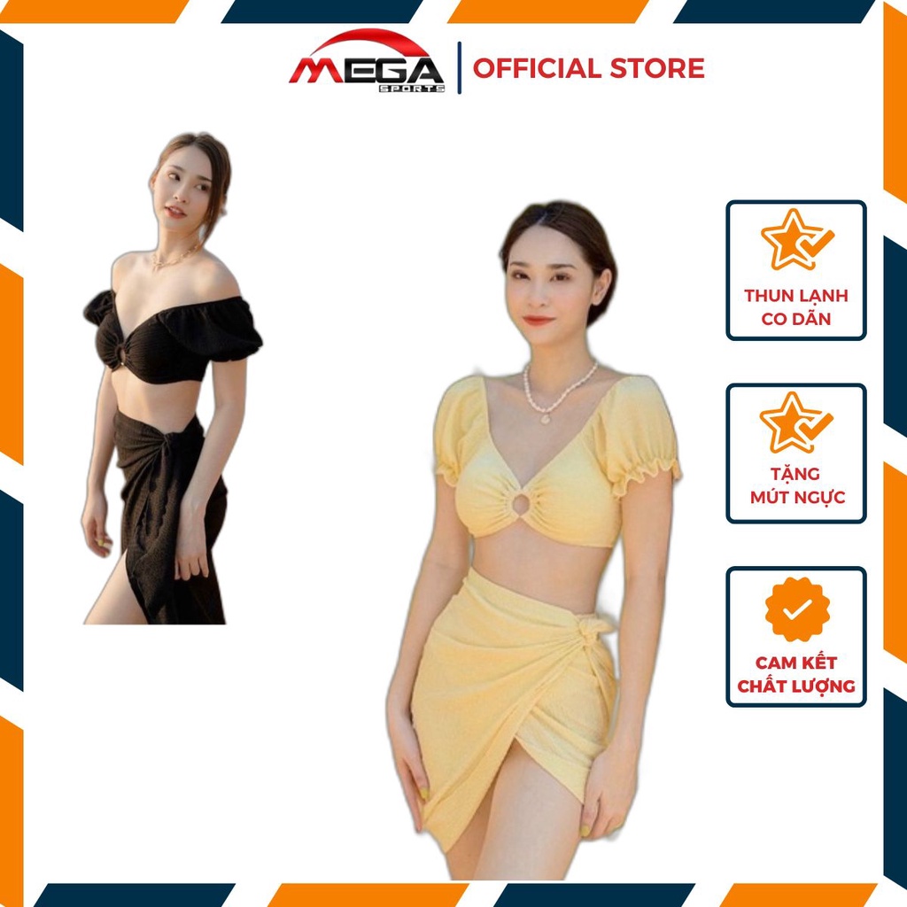 Bikini đi biển 3 mảnh freesize xốp thái phồng tay phối khoen thun nhún