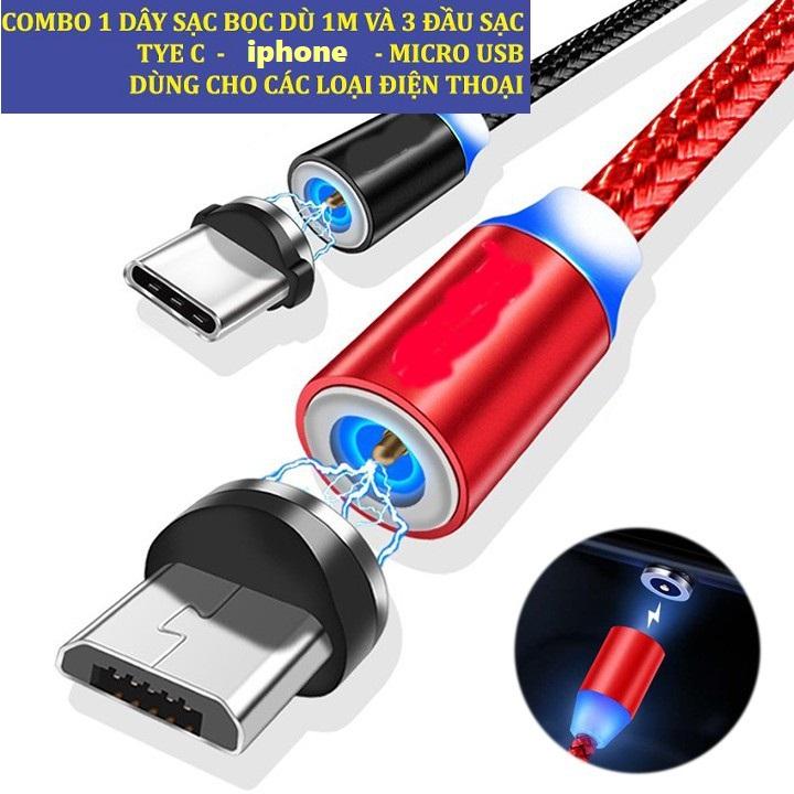 Cáp sạc từ tính cao cấp 3 IN 1 hiện đại sang trọng đầu kết nối có thể làm nút chống bụi cực bền bỉ chịu lực tốt chống thắt nút 1 dây 3 đầu sạc Type-C / Lightning / Mirco