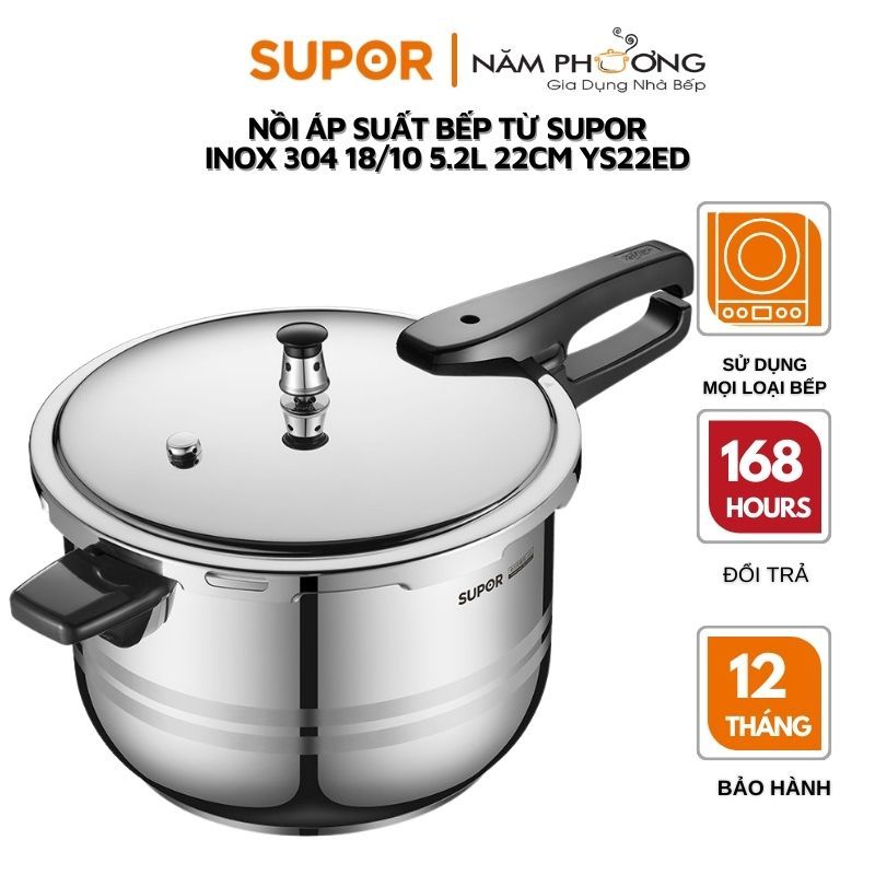 Nồi áp suất inox 304 hạn chế ăn mòn, giữ nhiệt bền lâu, an toàn cao cấp 5,2L Supor Quick YS22ED