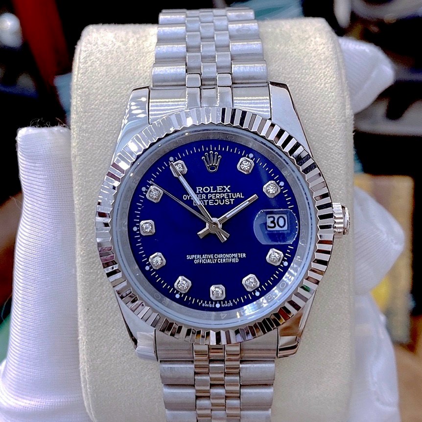Đồng Hồ Rolex Nam Automatic Dây Bạc Mặt Khía Xanh Dương 41mm