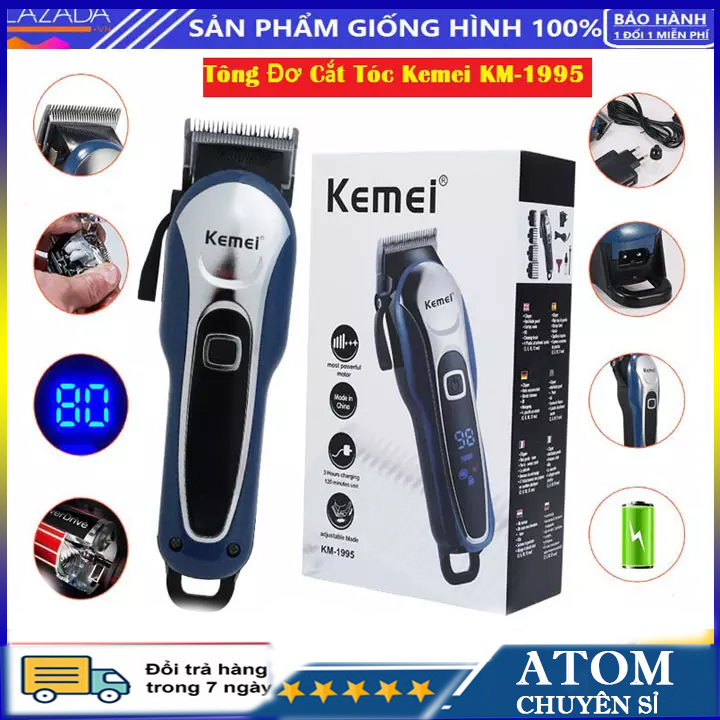 Tông Đơ Cắt Tóc Kemei 1995 ,Tông Đơ Cắt Tóc  Cho Trẻ Em.Người Lớn Kemei KM-1995 Chuyên nghiệp,Không Dây Có Màn Hình LED hiển thị, điều chỉnh 2 mức tốc độ thích hợp cắt tóc cho salon tiệm tóc và gia đình...ATOM CHUYÊN SỈ