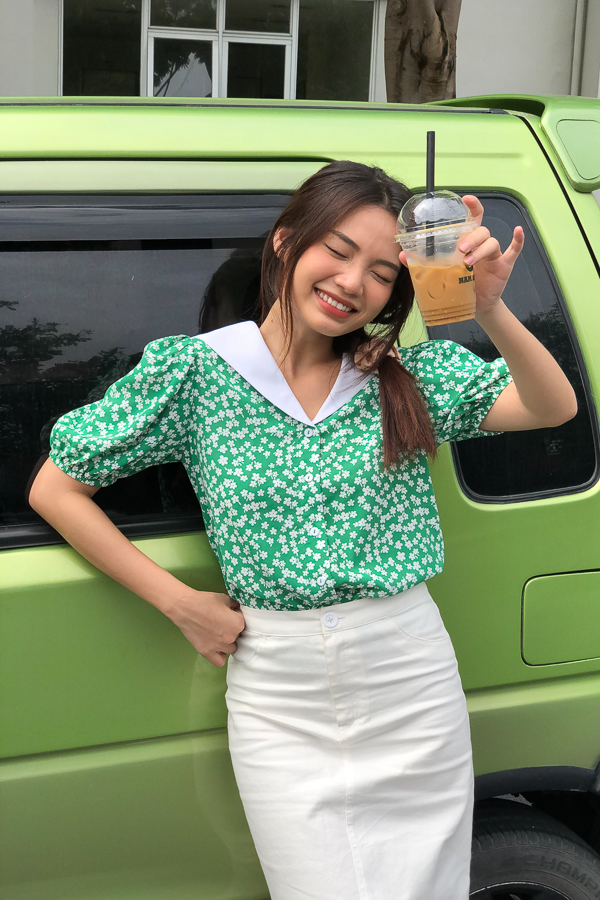 Áo cổ thủy thủ MAYBI lụa tay bồng ngắn