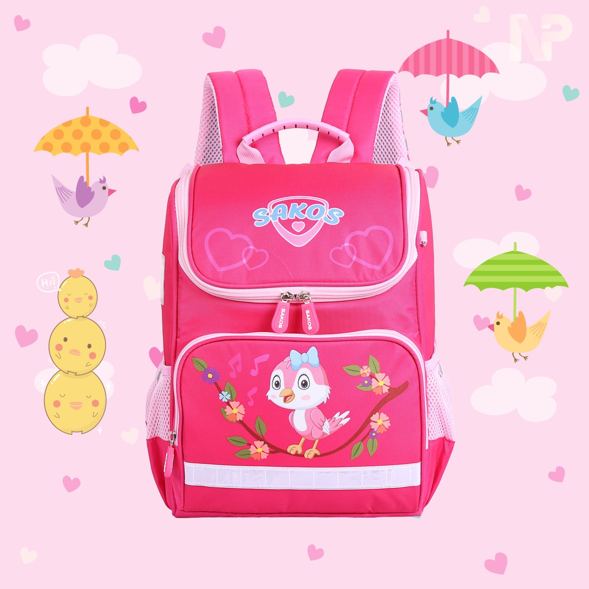 Balo Trẻ Em Đi Học Chống Gù Lưng Cho Bé Gái (Hồng Cánh Sen) Sakos Simple - Siêu Nhẹ - Họa Tiết Chim Non - Chống Nước Tốt .Bảo Hành Chính Hãng Sakos
