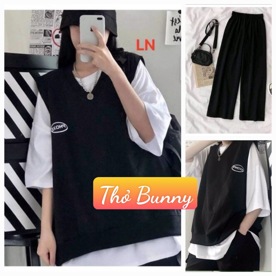 Bộ đồ áo gile đen kèm áo thun trắng mix quần ống suông đen style hàn đi học, đi chơi, áo gile đen có thể tách rời mix áo khác