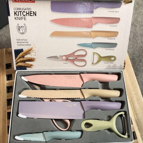 Bộ dao bếp lúa mạch 6 món everrich kitchen kháng khuẩn nhiều màu sắc, siêu sắc bén, set dao lúa mạch 6 món everrich kitchen