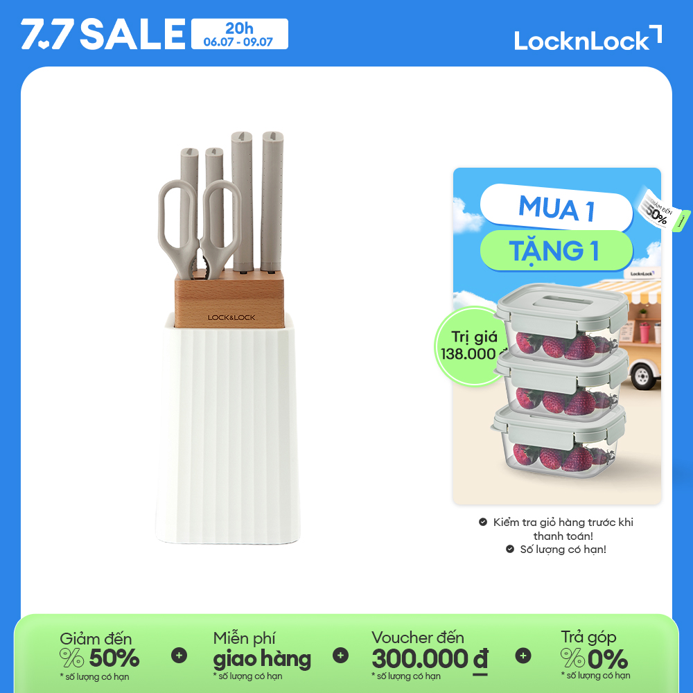 Bộ dao 6 món lock&lock - màu trắng - ckk802 - thép không gỉ sắc bén, có kí hiệu trên cán dao
