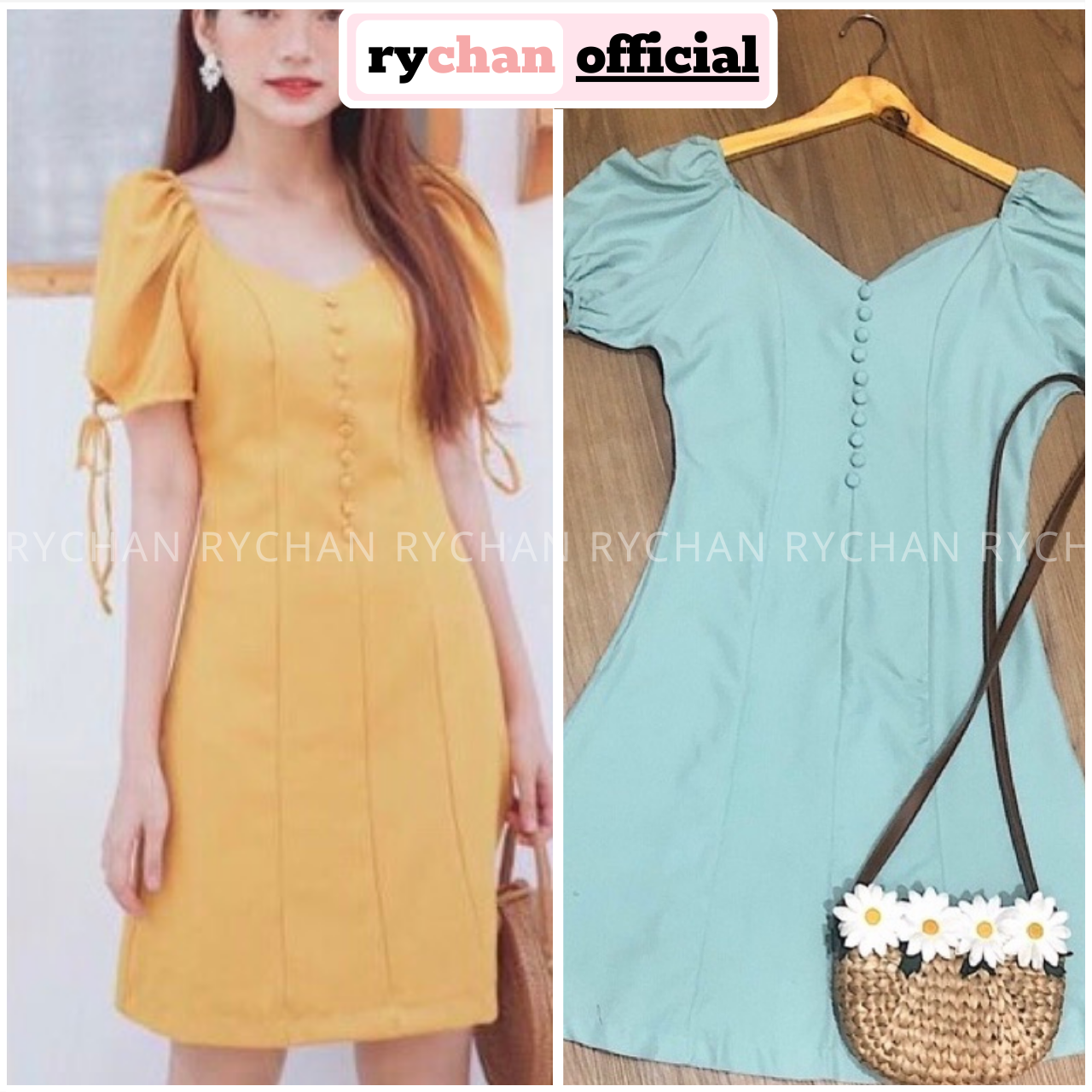 Đầm xoè nút bọc tay nơ 2 màu - dx061