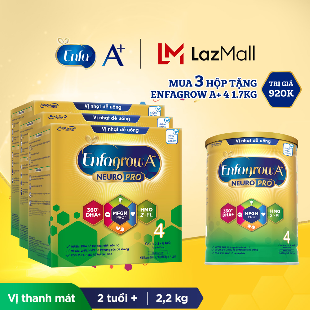 CHỈ 15.317.3 Tặng 1 lon 1.7kg cùng loại Bộ 3 sữa bột Enfagrow A NeuroPro 4 với 2FL HMO cho trẻ từ 26 tuổi 2.2kg