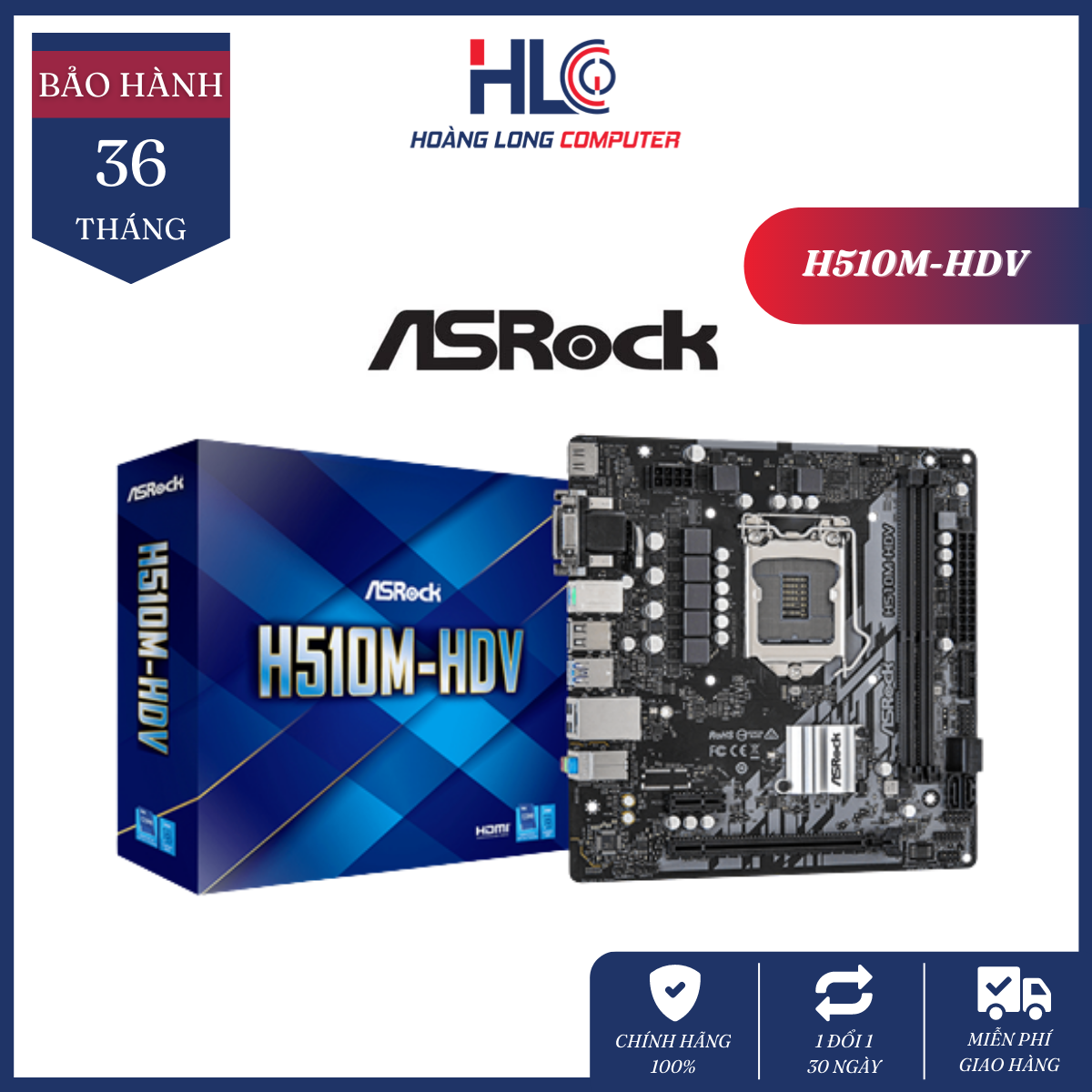 Mainboard asrock h510m-hdv - intel h510, socket 1200, m-atx, 2 khe ram ddr4 - bo mạch chủ pc giá rẻ chính hãng mới 100% - bảo hành 36 tháng 1 đổi 1 - hlc gaming