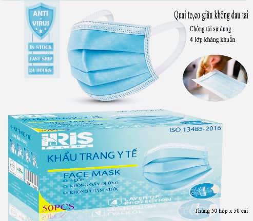 [HCM]Khẩu Trang Y Tế 4 Lớp kháng Khuẩn IRIS PHARMA quai đeo Không đau tai - Hộp 50 Cái