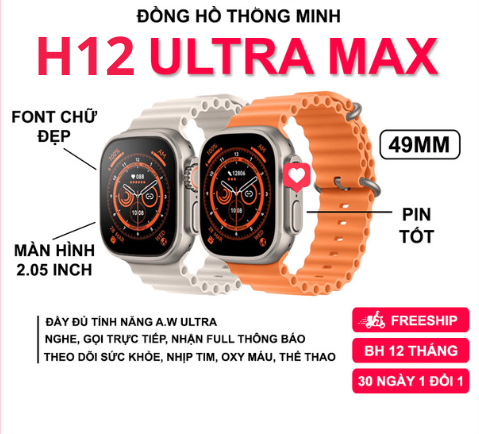 [ Hỏa Tốc ] Đồng Hồ H12 Ultra Watch Pro, Nâng Cấp Toàn Diện H11 Ultra, Màn 2.2inch Tràn Viền, Add 50+ Tính Năng, Nhận Full Thông Báo,  Màn Hình HD Sắc Nét, Cực Mượt, Cảm Biến Thật, Full Chức Năng. BH 12 Tháng, Lỗi 1 Đổi 1.