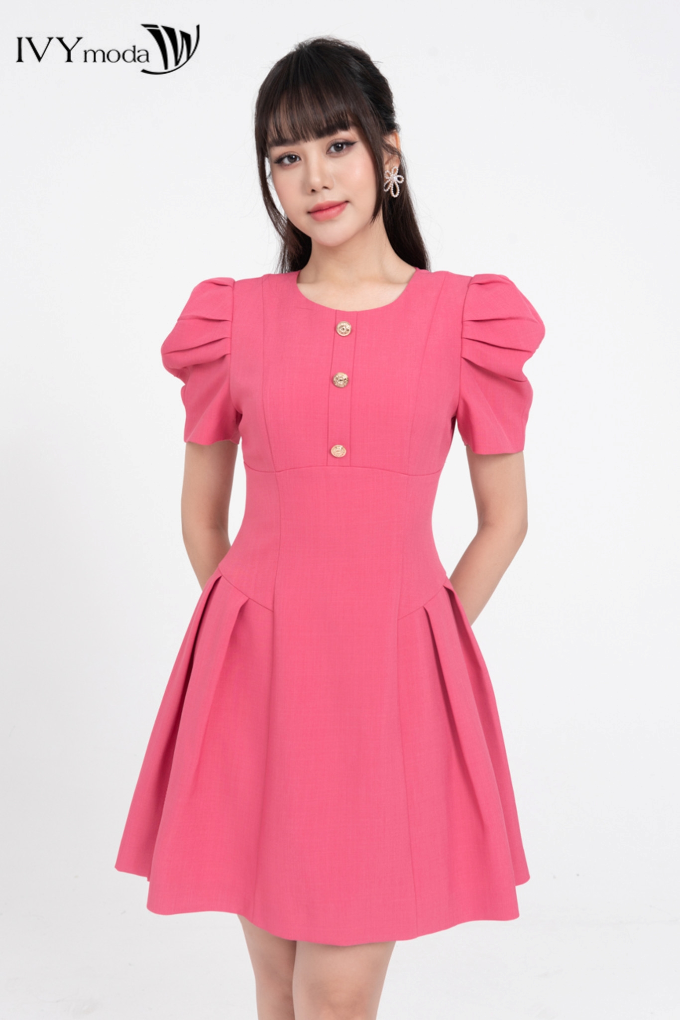 Đầm xòe tay xếp ly phồng ivy moda ms 48m8176
