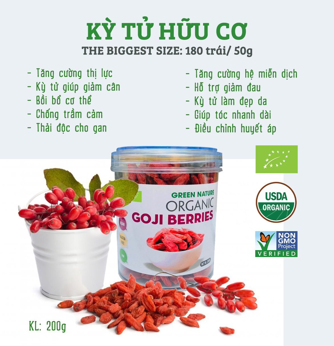 Kỉ tử hữu cơ organic green nature hộp 200g