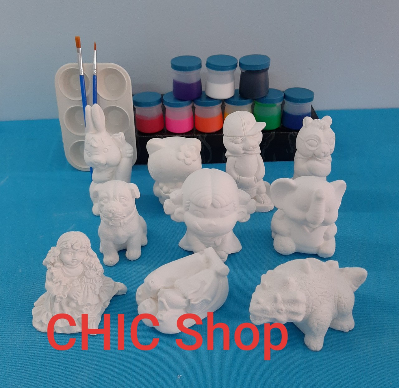 Bộ 10 tượng tô màu thạch cao size 7-11cm + 9 x 20ml màu + 2 cọ + 1 khay pha màu 6 lỗ