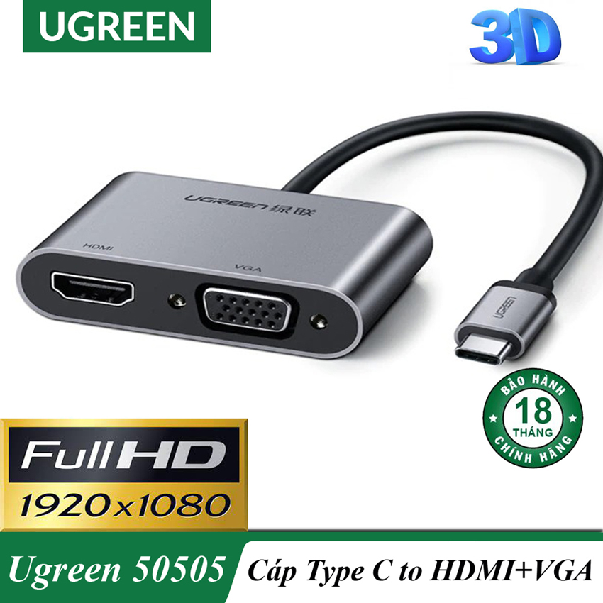 Cáp chuyển usb type c to hdmi+vga cao cấp ugreen 50505 chính hãng