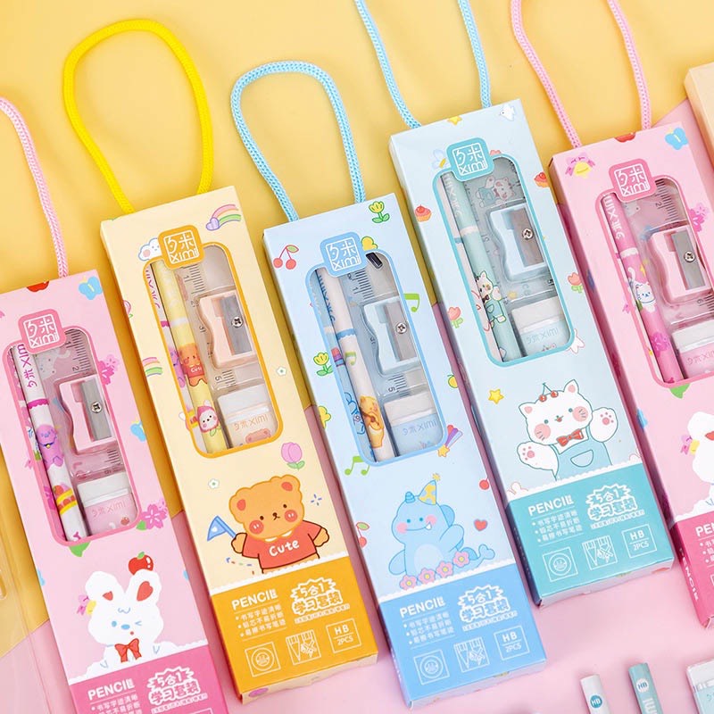 Bộ dụng cụ học tập 5 món Kèm Hộp quà xinh xắn cho bé - Set quà tặng Bộ bút chì kèm tẩy, thước,gọt bút cho học sinh