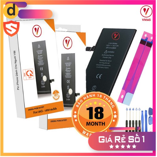 Pin ip vmas dung lượng chuẩn cho 5,5s,6,6s,6p,6sp,7,7p,8,8p,x. bảo hành 18 tháng