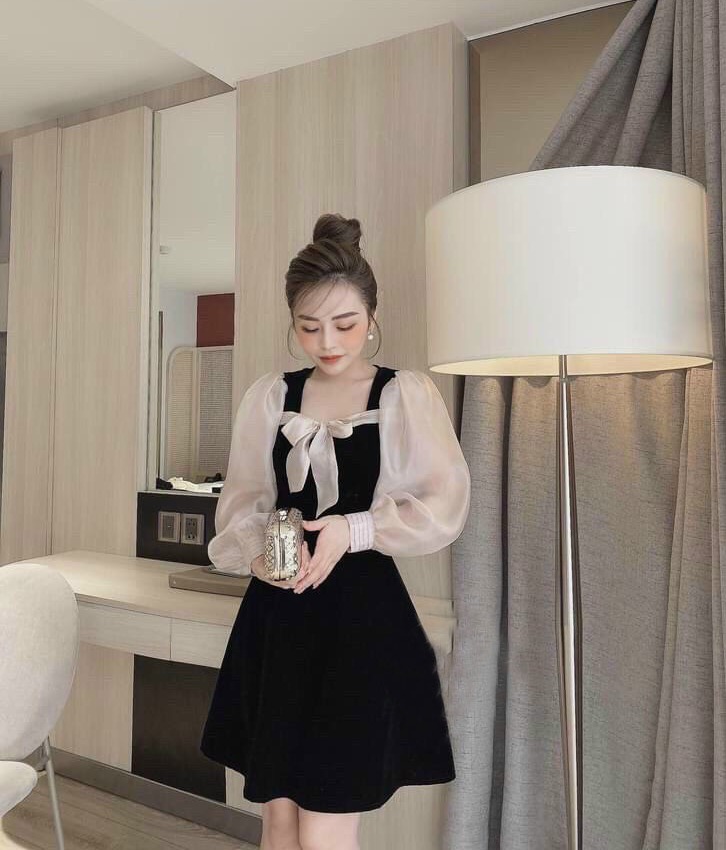 Đầm Xòe Công Chúa Họa Tiết Cột Nơ Tay Dài Phối Voan Kiếng Siêu Sang Trọng Main